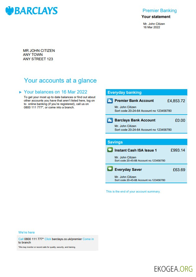 Relevé bancaire Barclays Royaume Uni, modèle Word et PDF, 4 pages, version 2